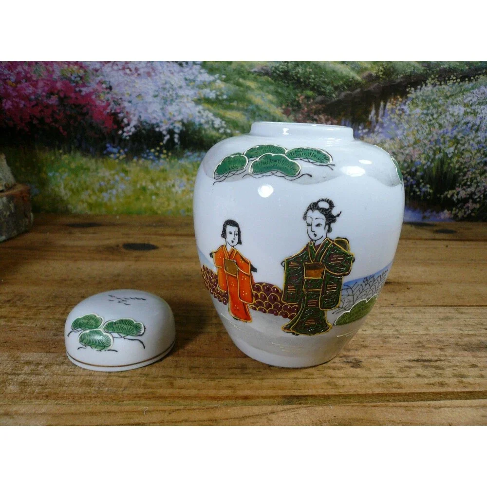 Japanese Moriage Handpainted Porcelain Ginger Jar Woman & Girl in Garden